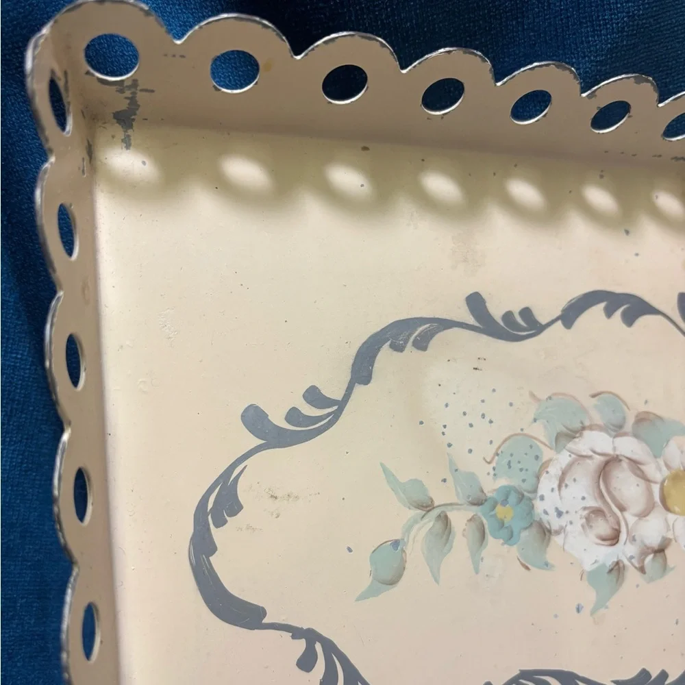 Vintage Hand-Painted “ Toleware” Floral Cream/Peach Decorative Tray